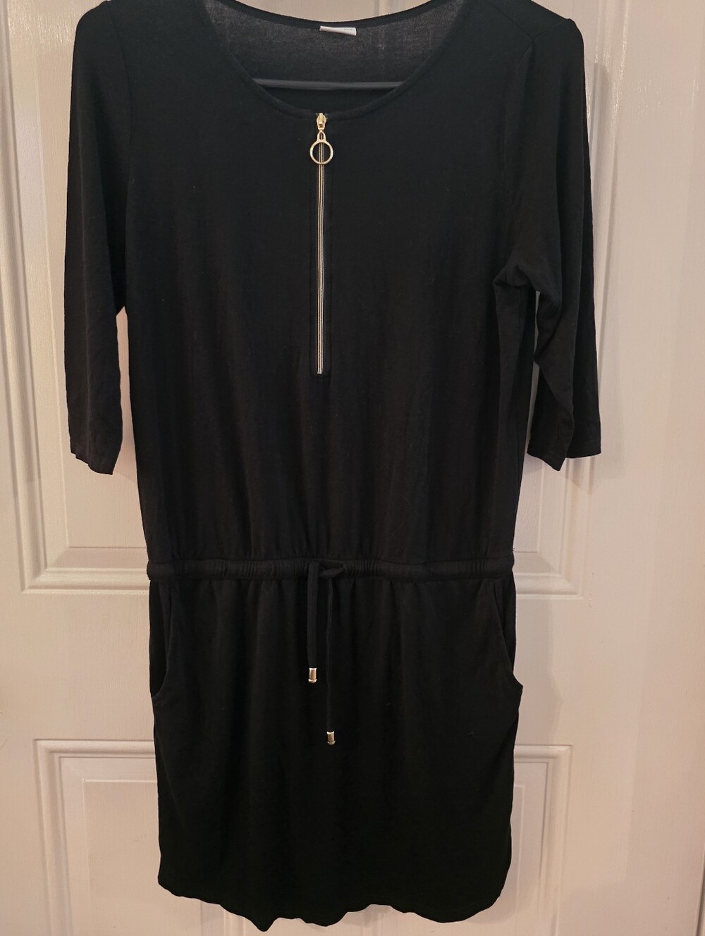 Black Zip-Front Drawstring Mini Dress with Ring-Pull